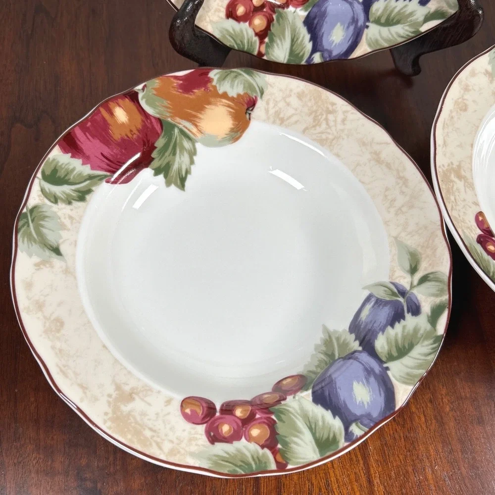 Noble Excellence Napa Valley Fruit Rimmed Soup Bowls Grapes Plums Pears THREE